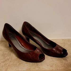 Women's deep burnt red open toe high heels, size 9.5.